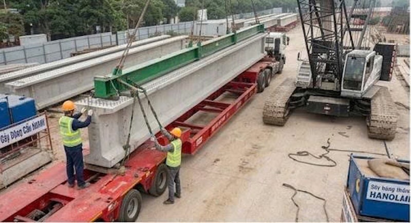 Đưa dầm vào vị trí nâng và móc cáp